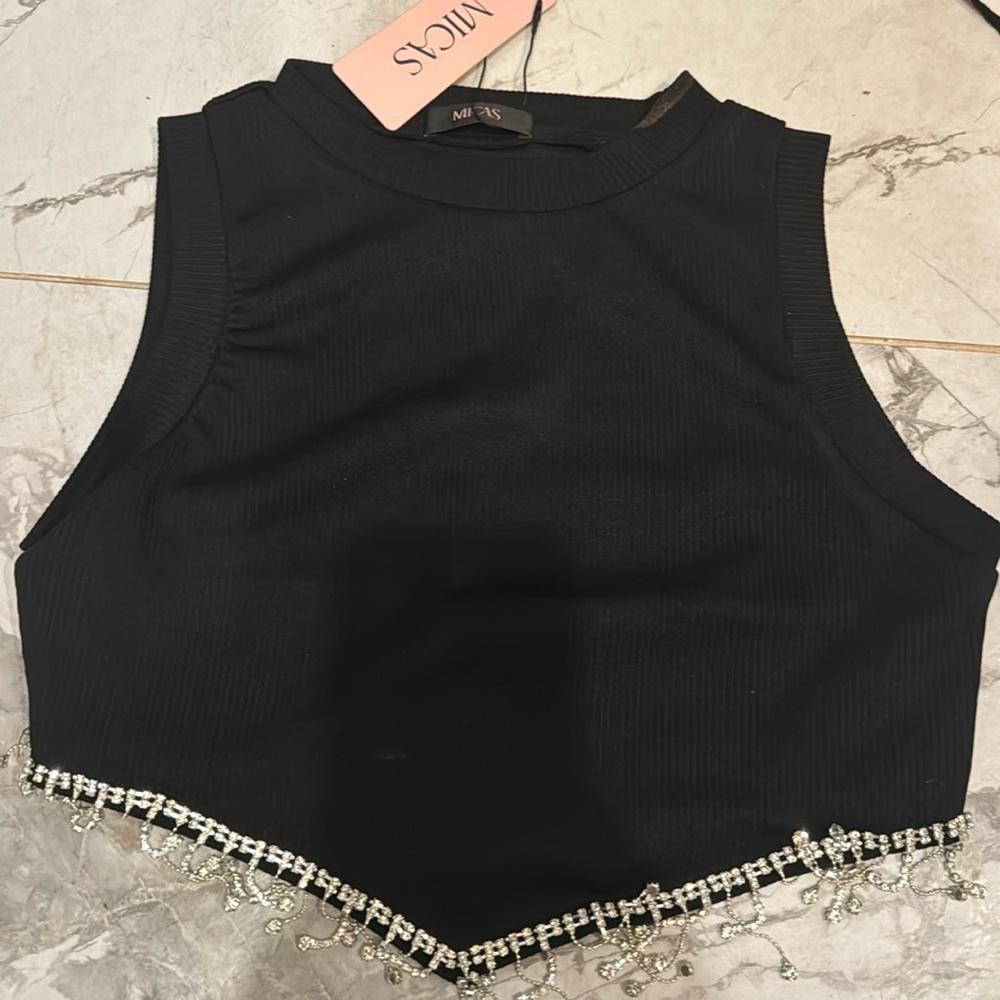 NWT Micas crop black tank with jewel detail at the bottom
